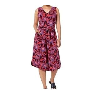 AnyBody Floral Gaucho Sleeveless V-neck Jumpsuit M Pockets Stretch Cotton Modal